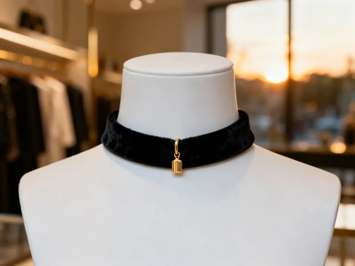 Elegancki czarny choker z aksamitu ze złotą zawieszką, prezentowany na minimalistycznym manekinie w butiku.