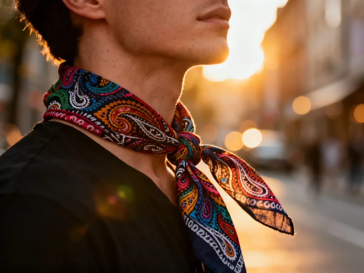 Kolorowa bandana z wzorem paisley zawiązana na szyi, prezentująca modny dodatek w miejskiej scenerii.