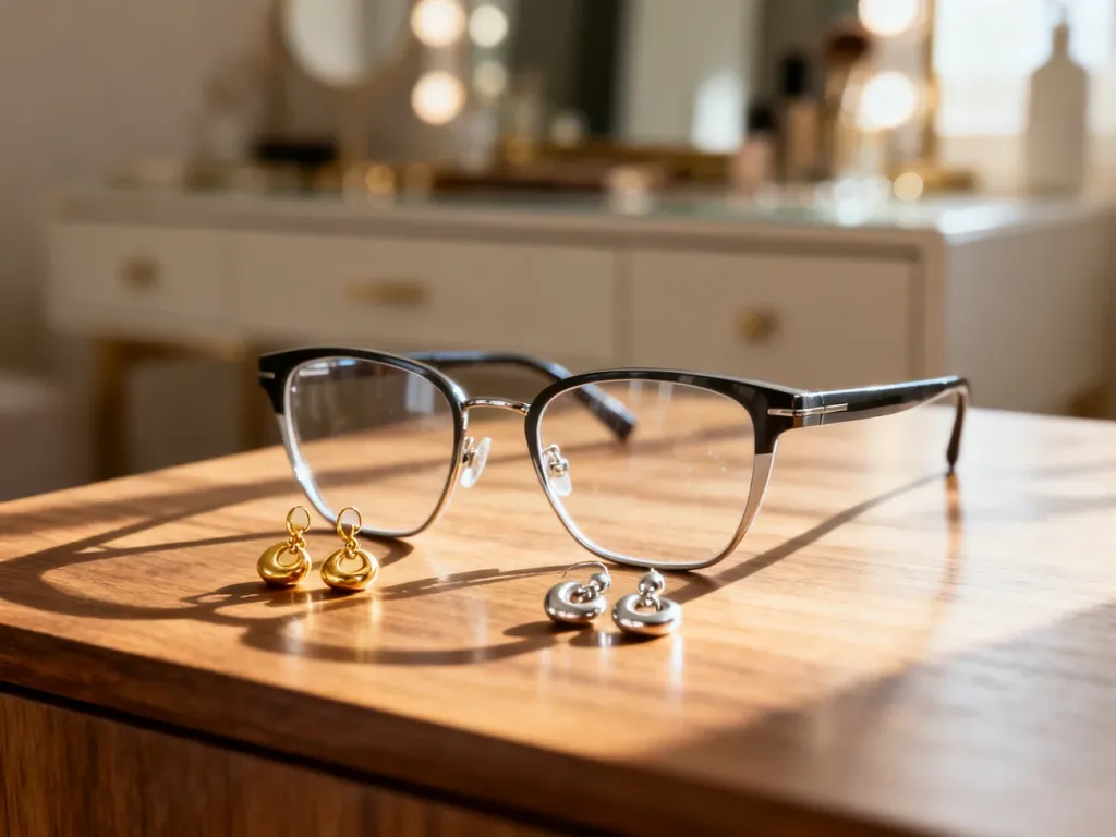 Stylowe okulary zestawione z eleganckimi złotymi i srebrnymi kolczykami na drewnianym blacie.
