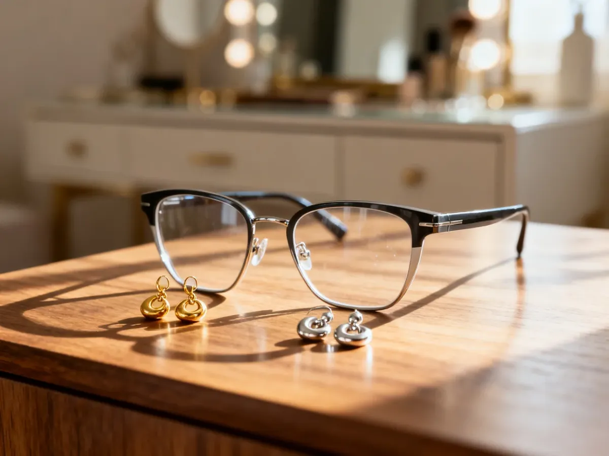 Stylowe okulary zestawione z eleganckimi złotymi i srebrnymi kolczykami na drewnianym blacie.