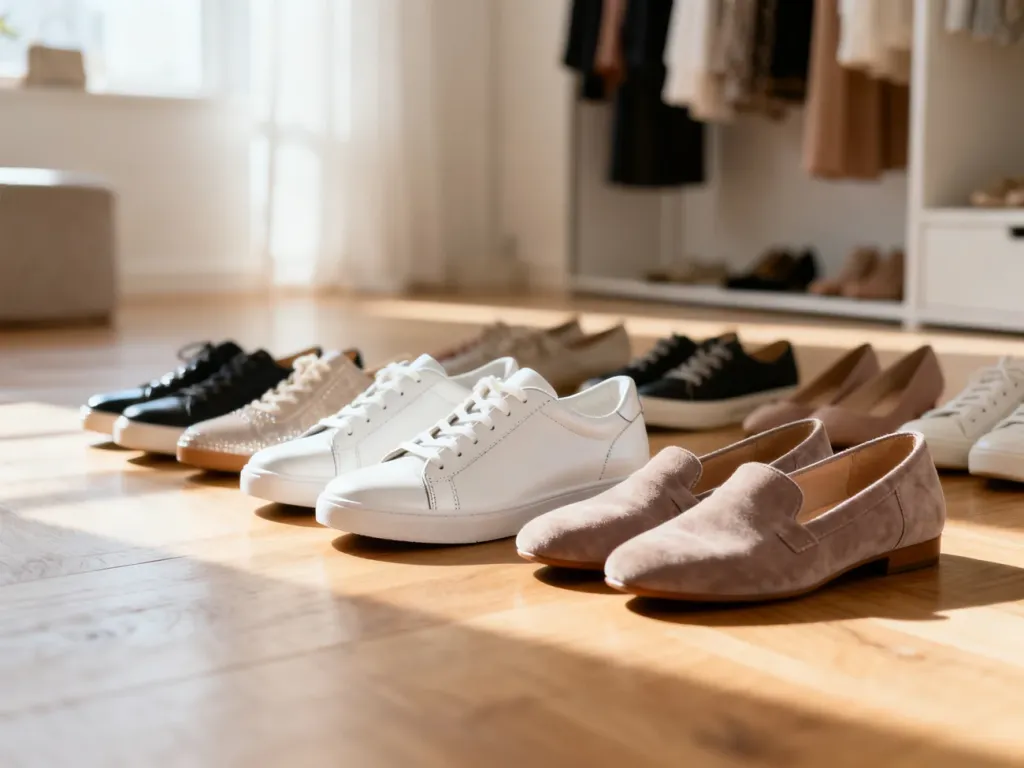 Kolekcja stylowych i wygodnych damskich sneakersów oraz mokasynów ułożonych na drewnianej podłodze w słonecznej garderobie.