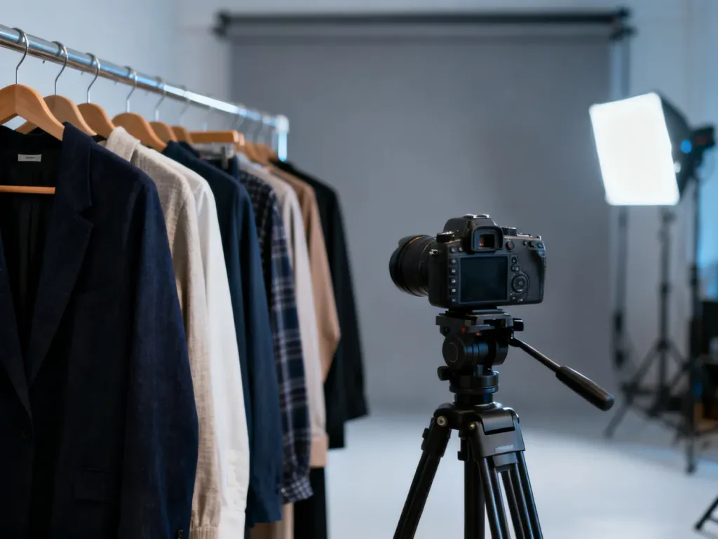 Profesjonalne studio fotograficzne z aparatem na statywie oraz wieszakiem z eleganckimi ubraniami do sesji zdjęciowej.