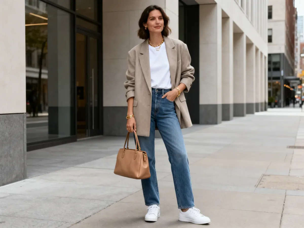 Kobieta w stylizacji casual chic z marynarką, jeansami i białymi sneakersami