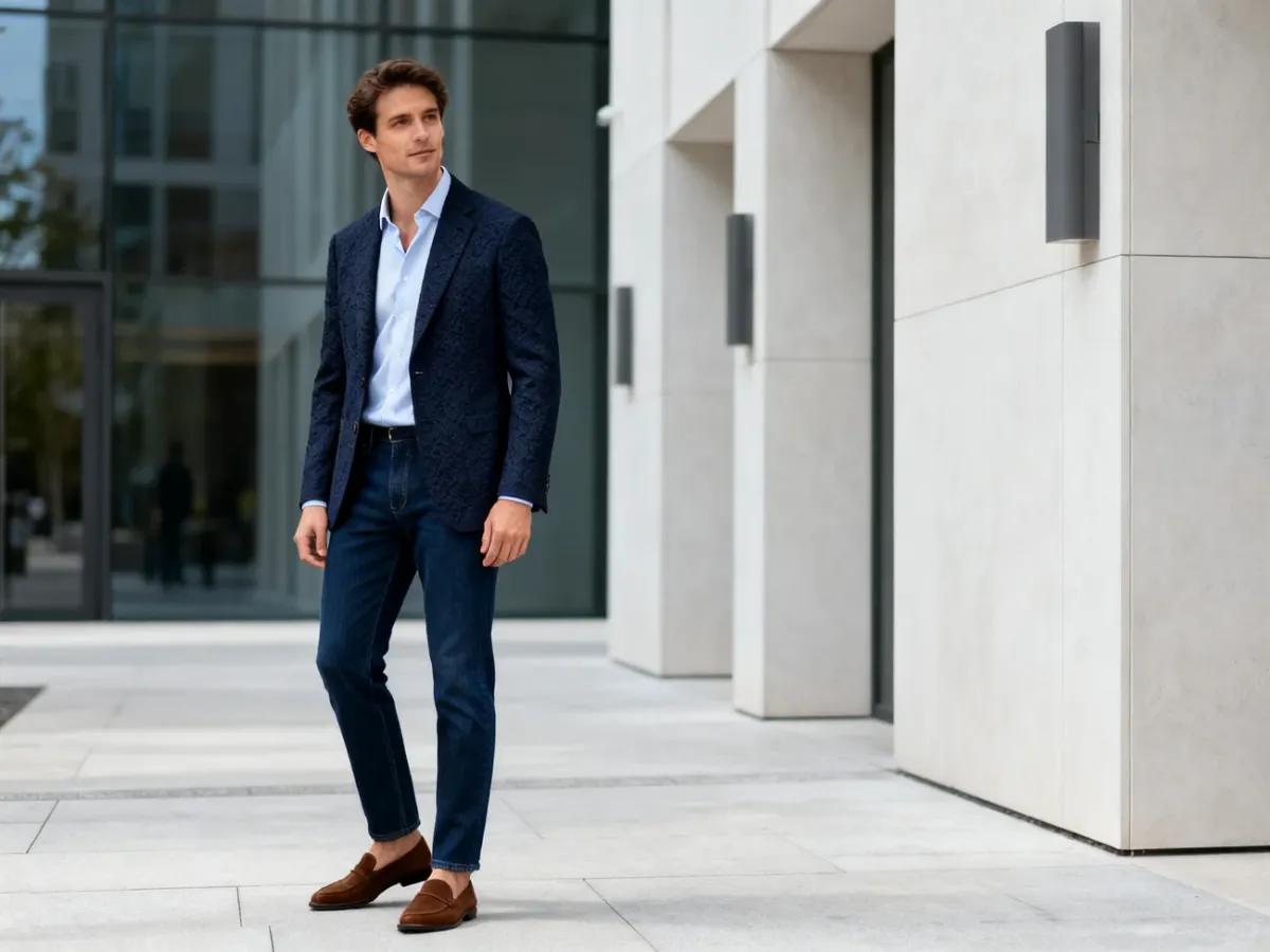 Mężczyzna w sportowej marynarce i prostych ciemnych dżinsach w stylizacji smart casual