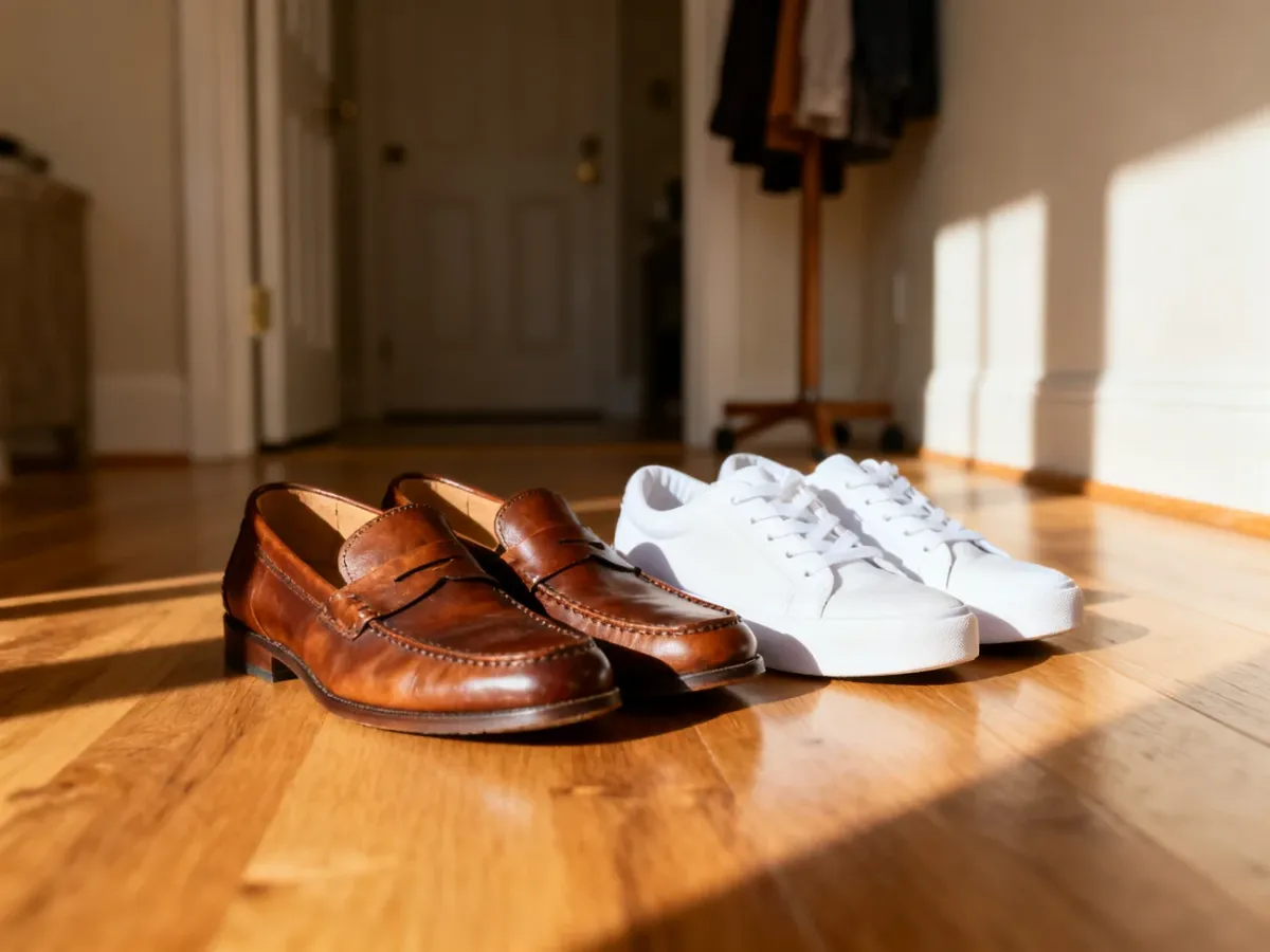 Skórzane mokasyny i białe sneakersy zestawione na drewnianej podłodze, idealne propozycje obuwia na 15 stopni.
