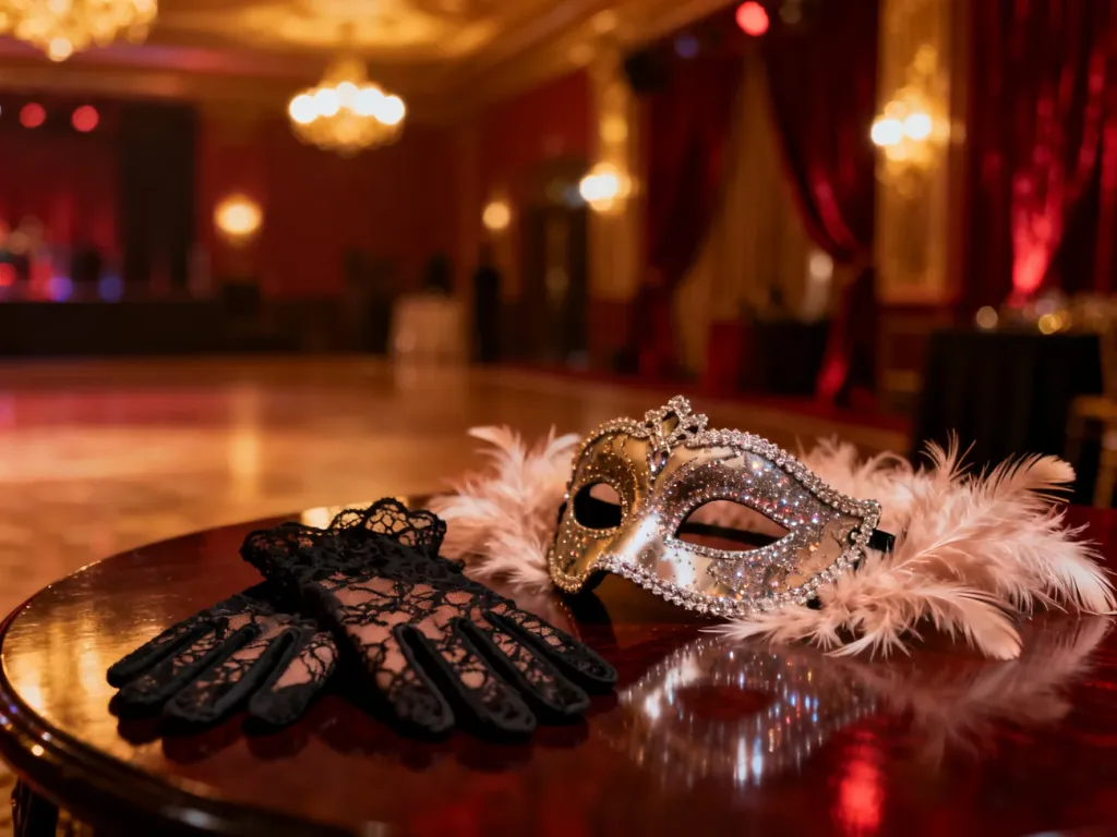 Eleganckie akcesoria do burleski: koronkowe rękawiczki, boa z piór i maska na drewnianym stole w klimatycznej sali balowej.