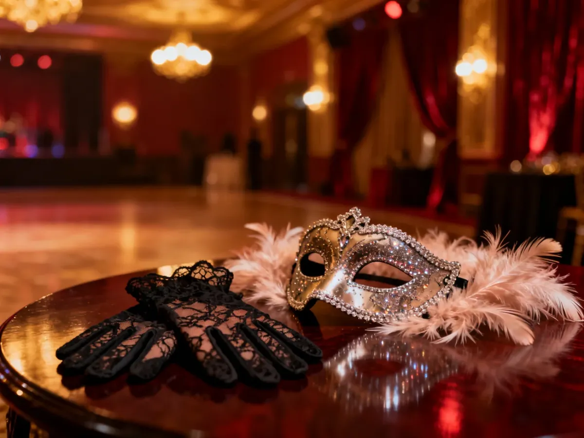 Eleganckie akcesoria do burleski: koronkowe rękawiczki, boa z piór i maska na drewnianym stole w klimatycznej sali balowej.