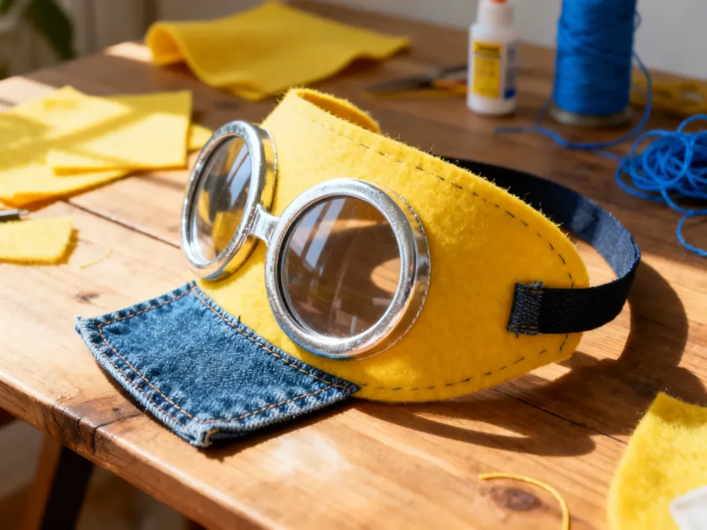 Materiały do samodzielnego wykonania stroju Minionka: żółty filc, niebieski materiał oraz gogle na drewnianym stole.