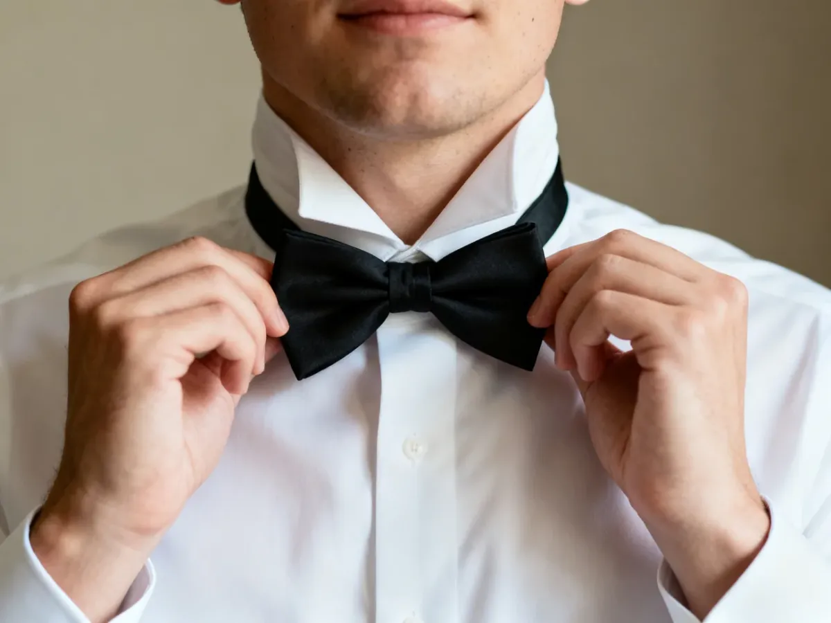 Osoba poprawiająca symetrię czarnej muchy pod kołnierzykiem białej koszuli