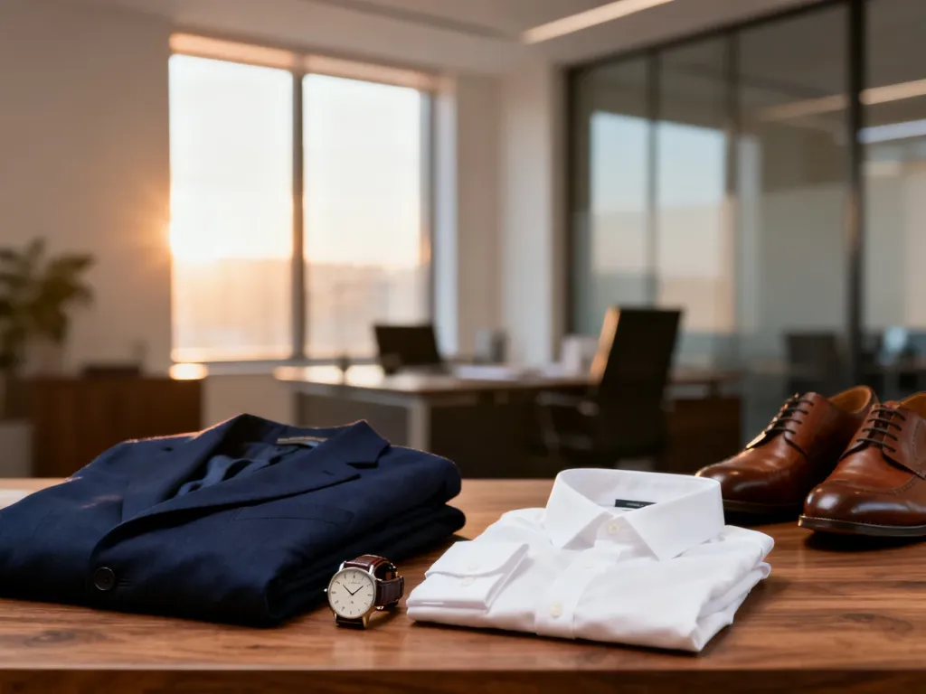 Zestaw ubrań w stylu smart casual: granatowa marynarka, biała koszula, skórzany zegarek i brązowe mokasyny na drewnianym stole.