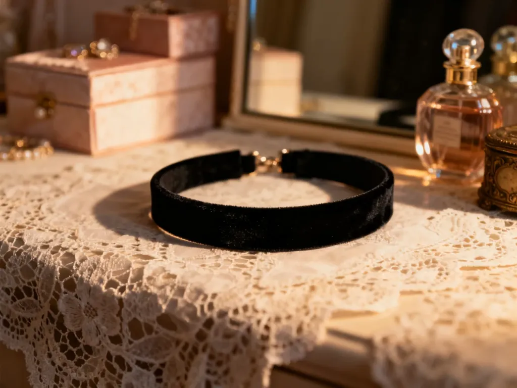 Czarny aksamitny choker leżący na koronkowej tkaninie w otoczeniu eleganckich akcesoriów toaletowych.