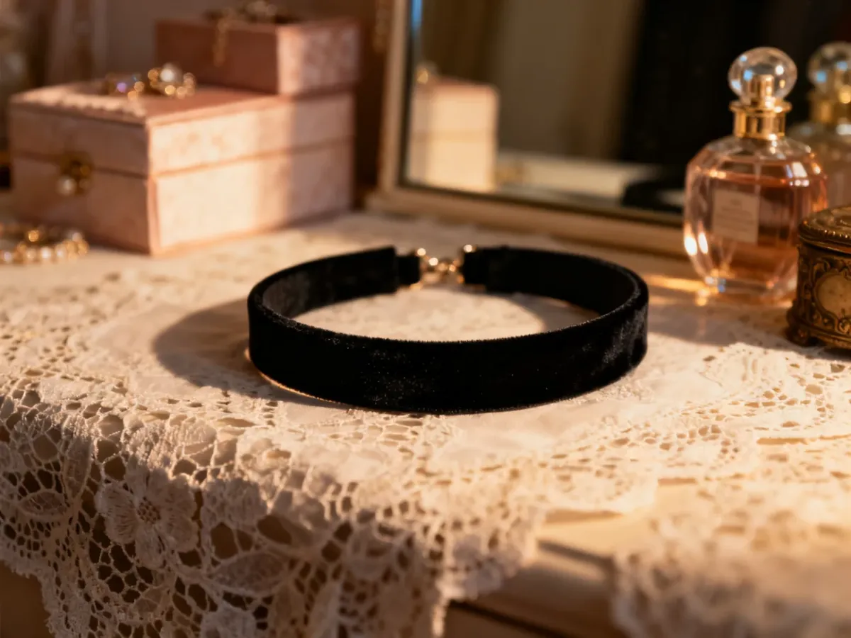 Czarny aksamitny choker leżący na koronkowej tkaninie w otoczeniu eleganckich akcesoriów toaletowych.