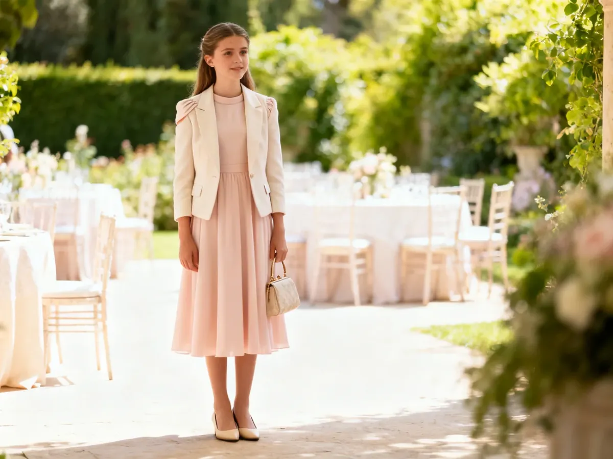 Elegancka gościni komunijna w pastelowej sukience midi i marynarce