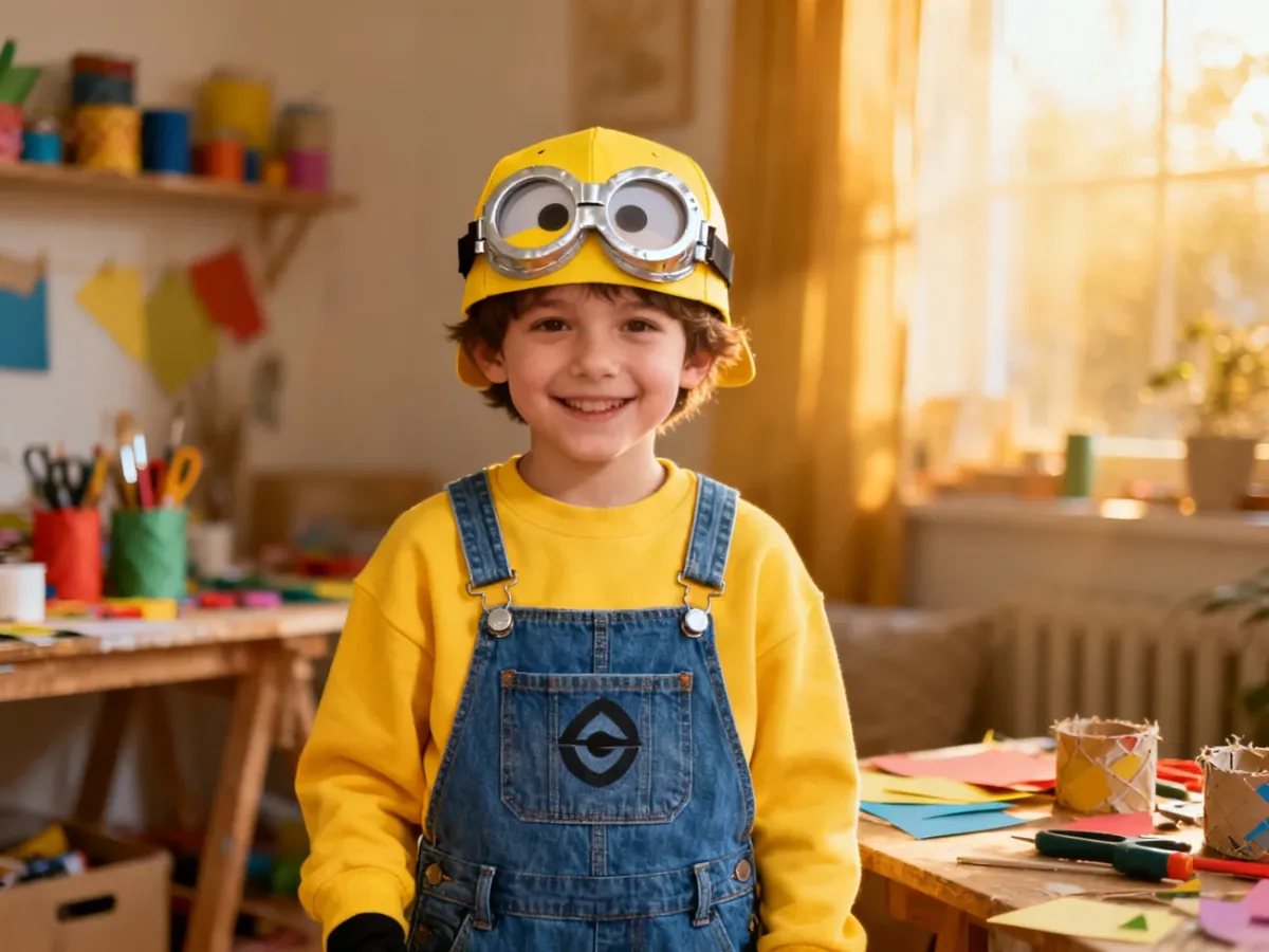 Dziecko w domowym stroju Minionka z żółtą bluzą, niebieskimi ogrodniczkami i goglami