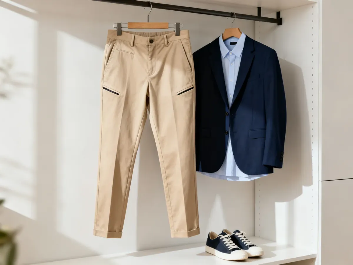 Beżowe chinosy w eleganckiej stylizacji smart casual