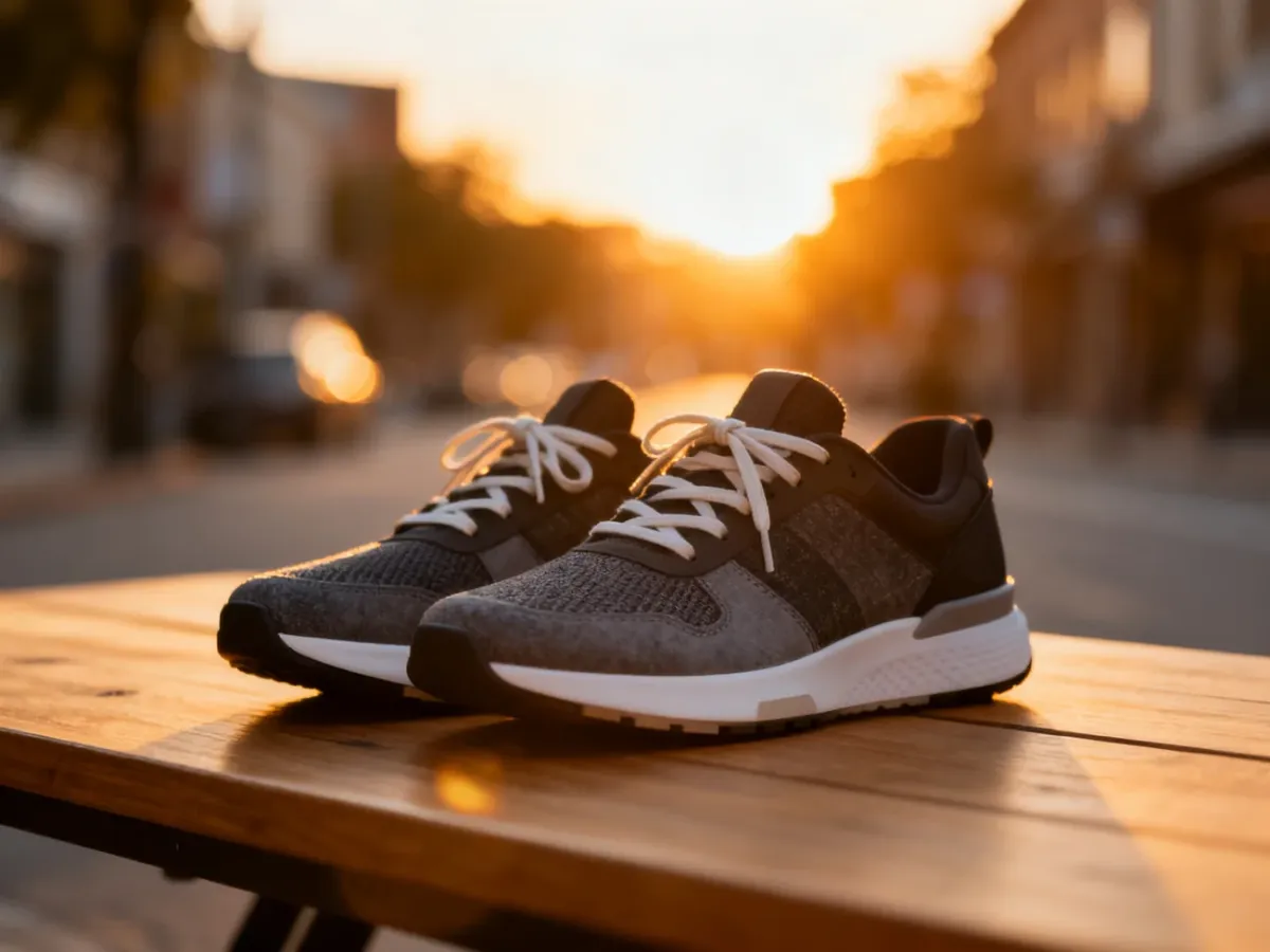 Stylowe sneakersy na drewnianym tle w ciepłym świetle zachodzącego słońca, idealne do codziennych stylizacji.