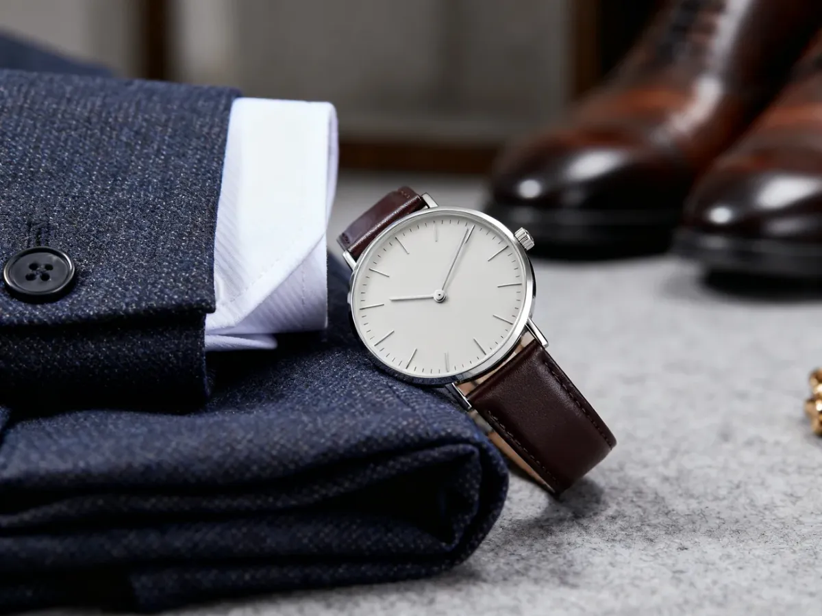 Smukły minimalistyczny zegarek na skórzanym pasku obok eleganckiego stroju biznesowego