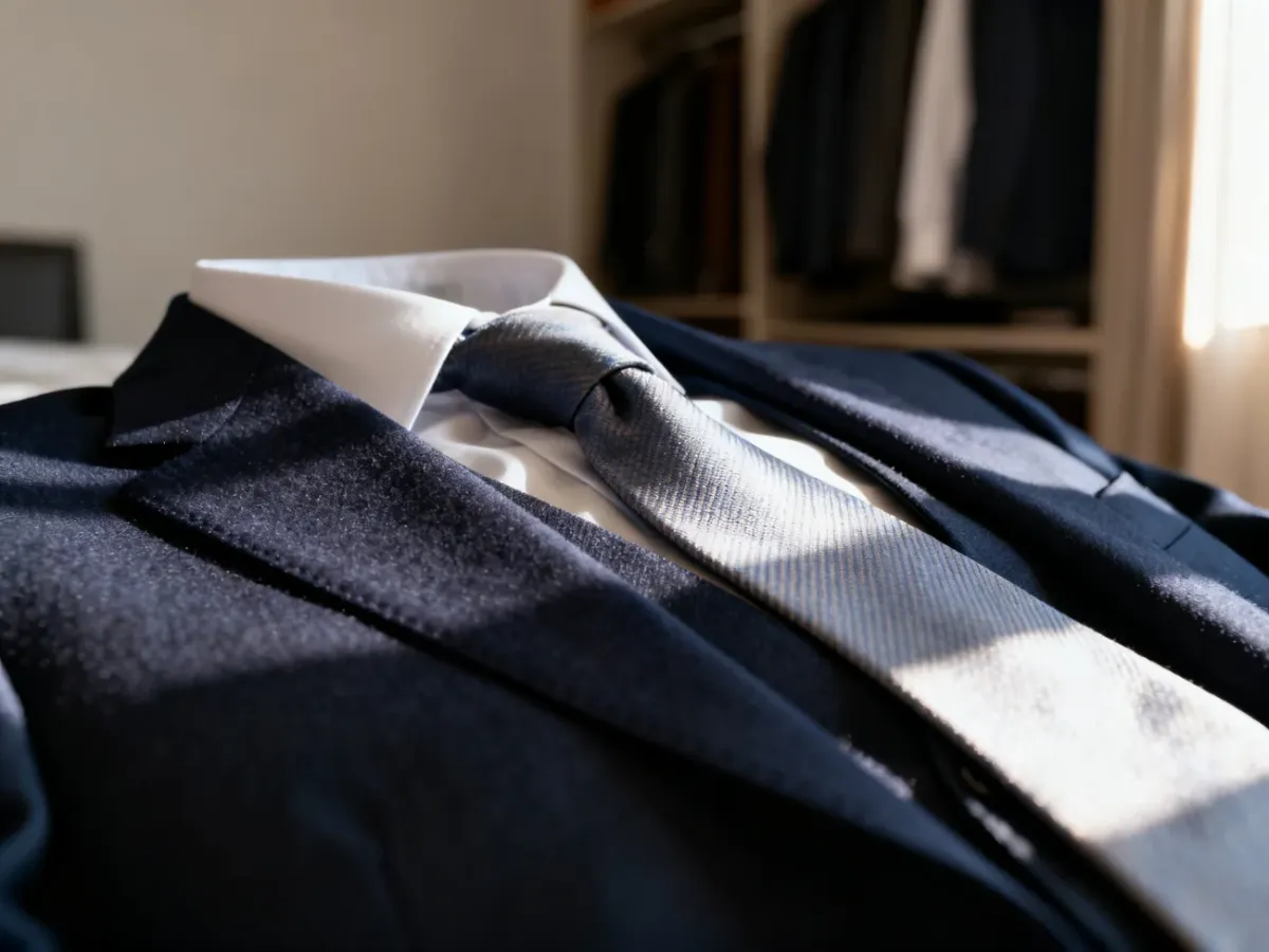 Jedwabny krawat na tle granatowej marynarki, prezentujący eleganckie połączenie kolorystyczne i fakturę materiałów.