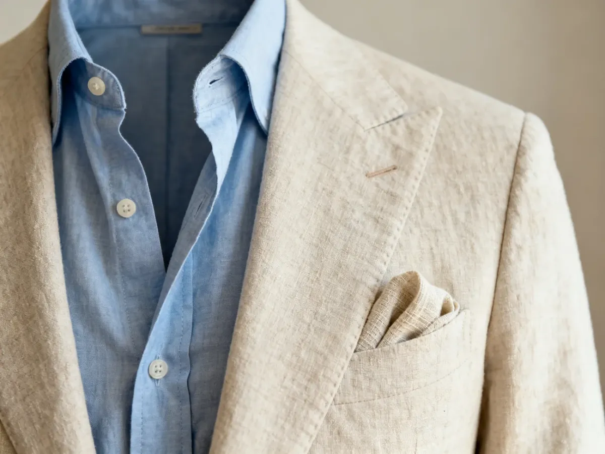 Mężczyzna w błękitnej koszuli button-down i casualowym garniturze bez krawata