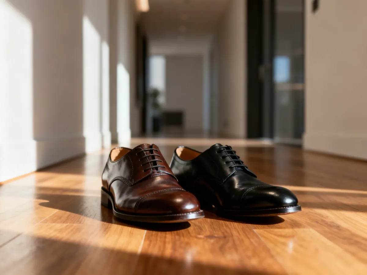 Eleganckie męskie buty w kolorze brązowym i czarnym zestawione obok siebie na drewnianej podłodze.