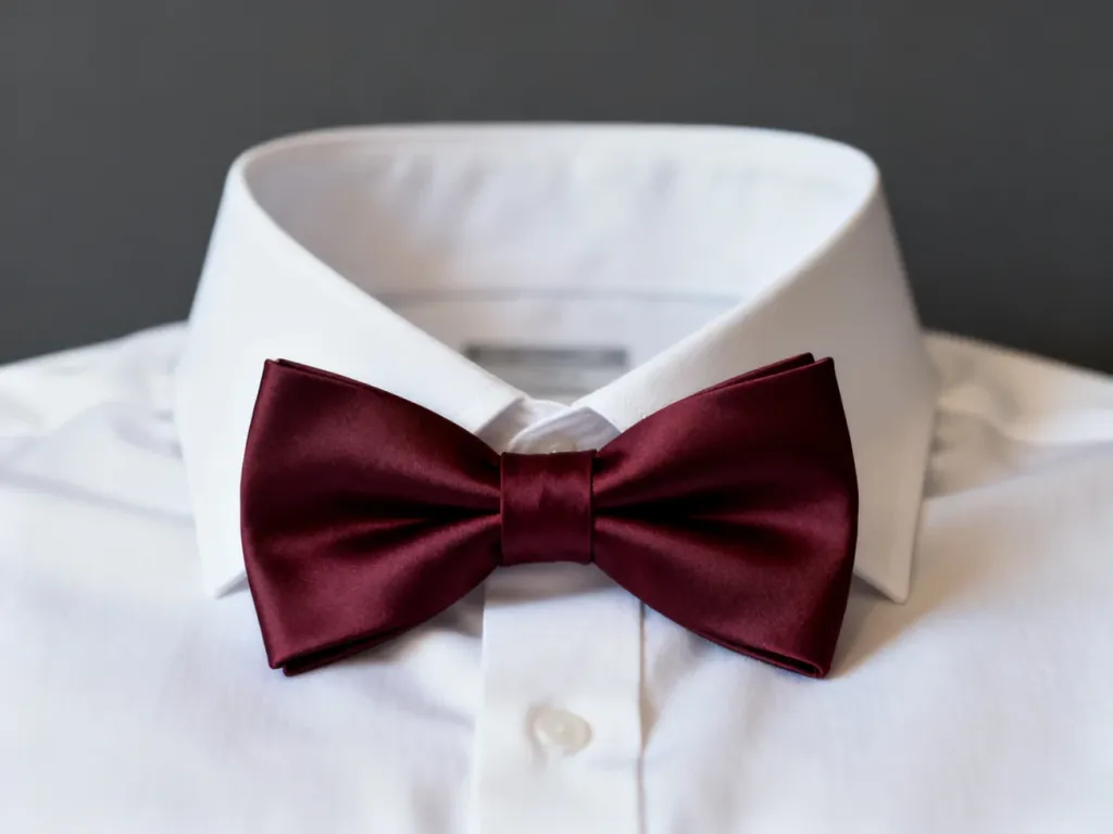 Elegancka bordowa mucha ułożona na kołnierzyku białej koszuli wizytowej w minimalistycznym ujęciu.