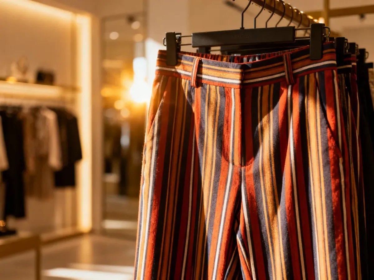 Zbliżenie na elegancki materiał spodni w pionowe paski, prezentowany w stylowym wnętrzu butiku.