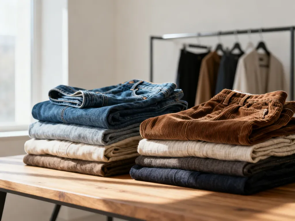 Stos ułożonych spodni z różnych materiałów, takich jak jeans, sztruks i len, w neutralnej kolorystyce.