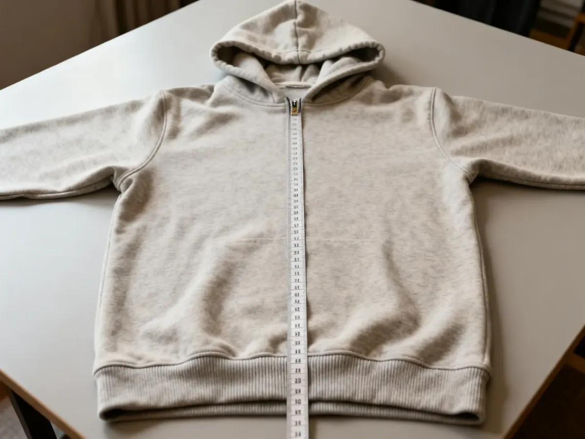 Bluza z kapturem rozłożona na płasko z miarką mierzącą jej długość