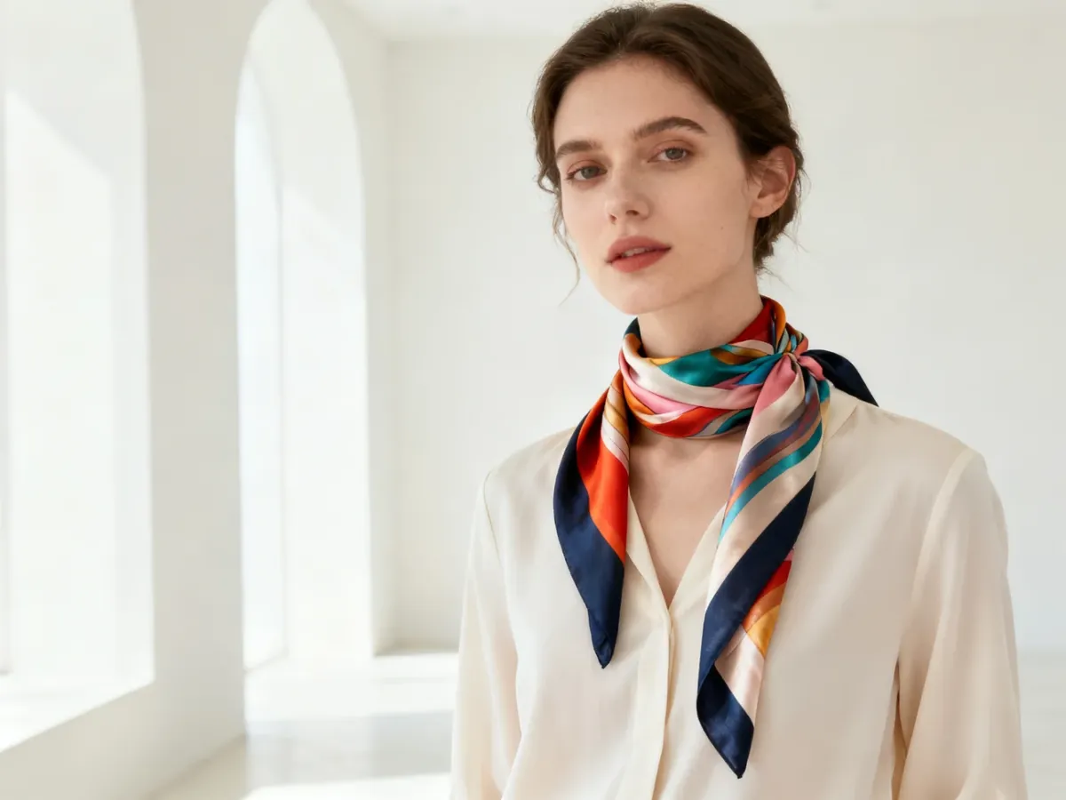 Kobieta w eleganckiej stylizacji z kolorową apaszką zawiązaną na szyi