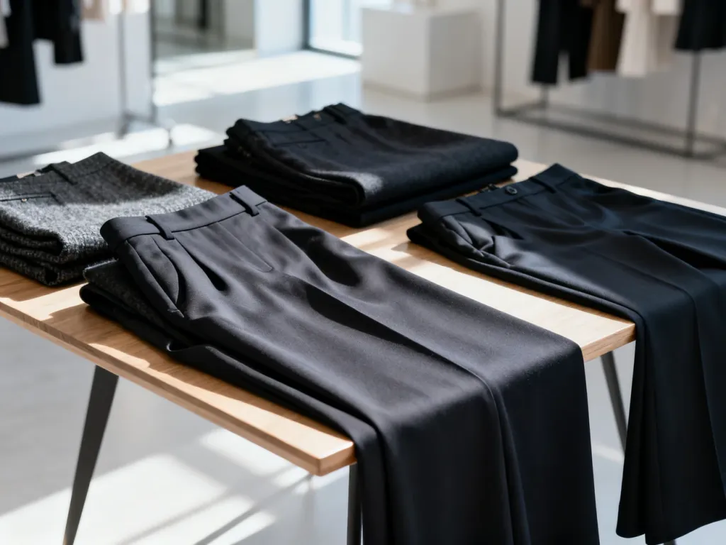 Eleganckie spodnie z wysokim stanem w ciemnych kolorach, ułożone na drewnianym stole, prezentujące modele wyszczuplające sylwetkę.