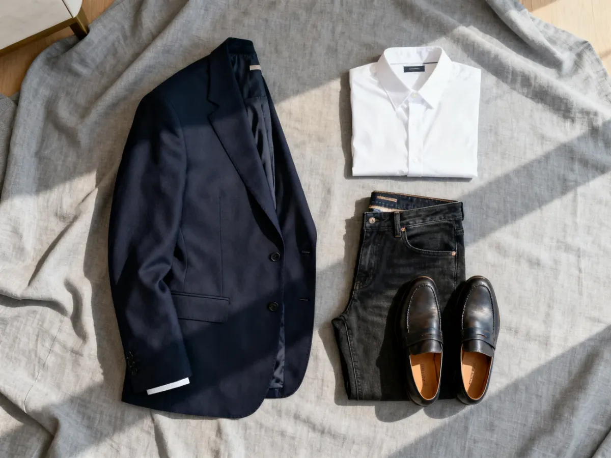 Stylizacja smart casual z granatową marynarką i ciemnymi jeansami