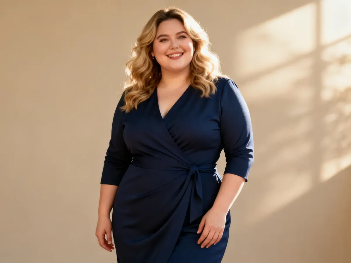 Pewna siebie kobieta plus size w eleganckiej granatowej sukience kopertowej, podkreślającej atuty sylwetki.