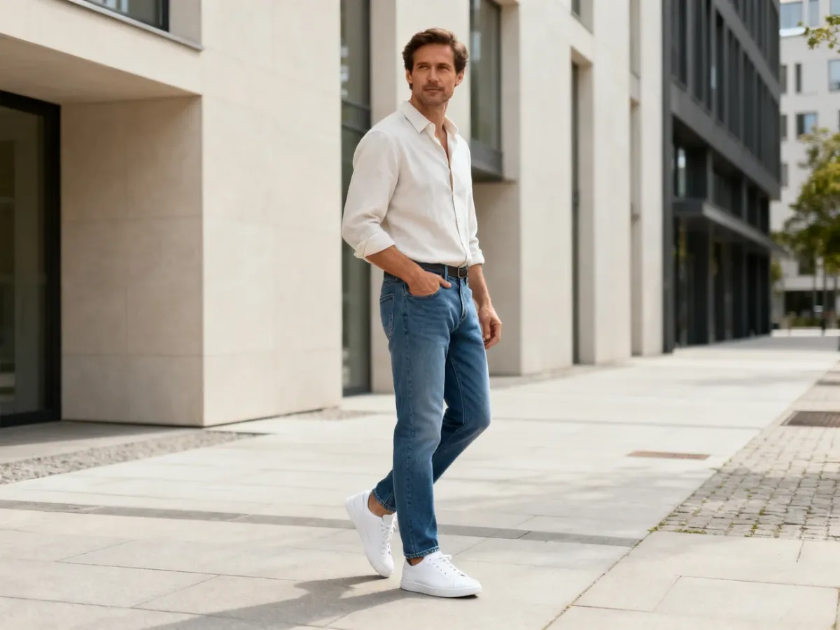 Mężczyzna w białych sneakersach, jeansach i casualowej koszuli