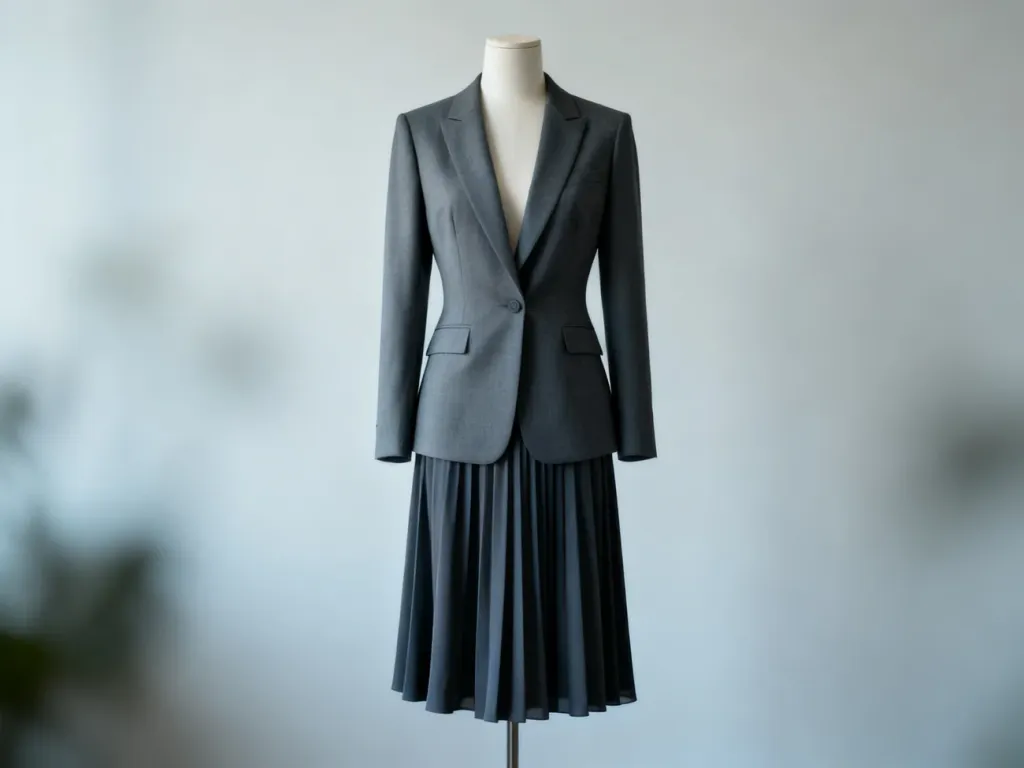 Elegancki żakiet i zwiewna spódnica midi na manekinie, prezentujące wyszczuplające kroje i pionowe linie sylwetki.