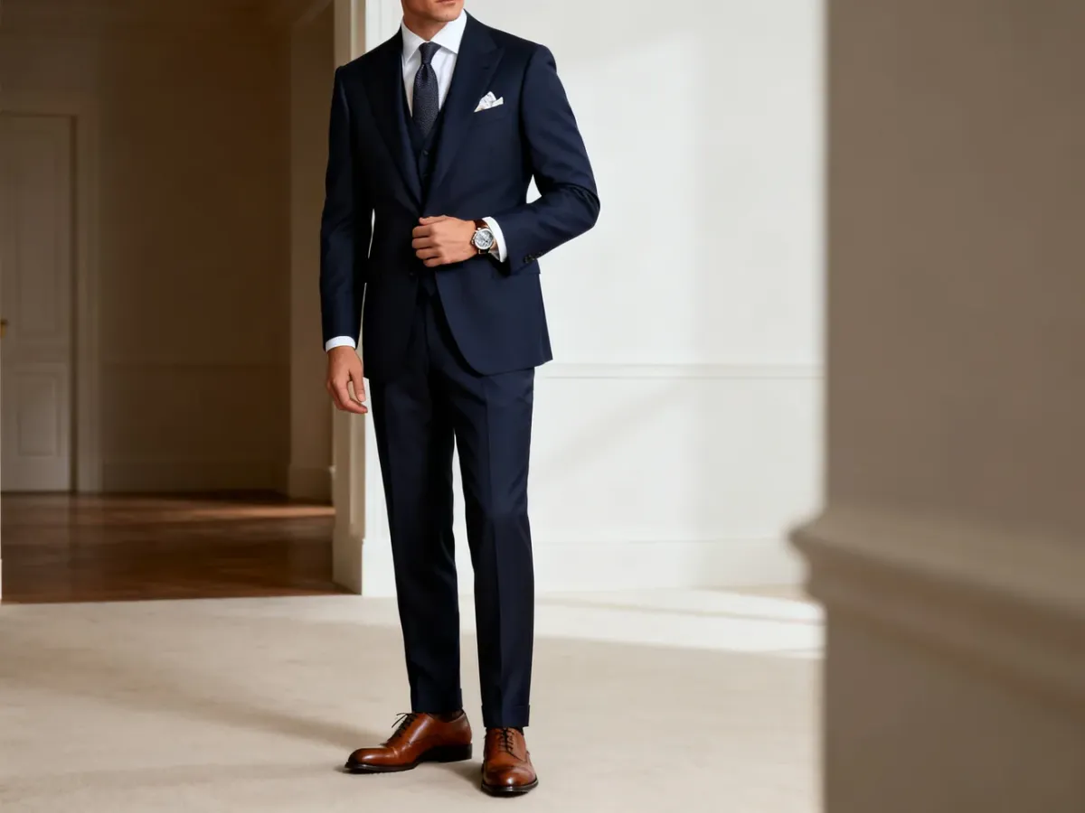 Mężczyzna w granatowym garniturze semi-formal z eleganckimi dodatkami