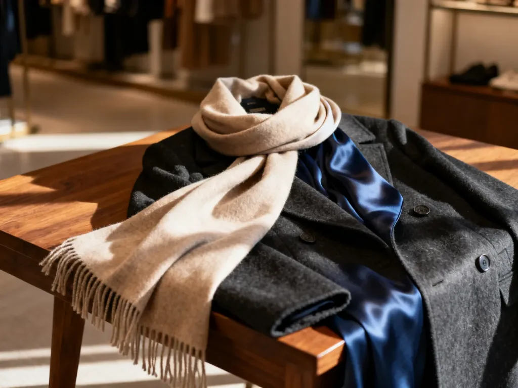 Luksusowy kaszmirowy szalik i jedwabny szal ułożone na ciemnym płaszczu, prezentujące eleganckie dodatki do stylizacji.