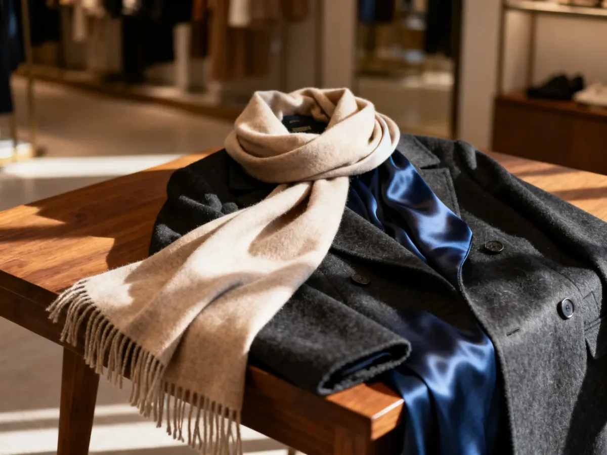 Luksusowy kaszmirowy szalik i jedwabny szal ułożone na ciemnym płaszczu, prezentujące eleganckie dodatki do stylizacji.