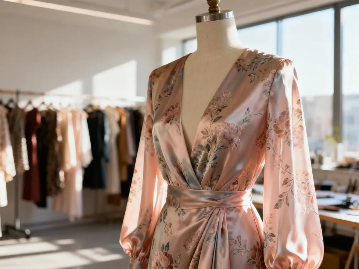 Elegancka jedwabna sukienka w pastelowe kwiaty na manekinie w słonecznym atelier, prezentująca modne trendy sezonu.