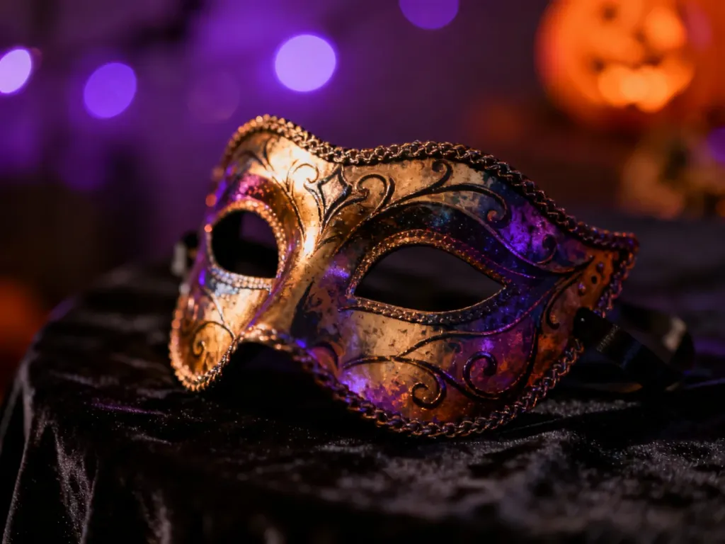 Artystyczna maska karnawałowa na ciemnym tle w otoczeniu nastrojowych świateł, idealna jako inspiracja na kostium halloweenowy.