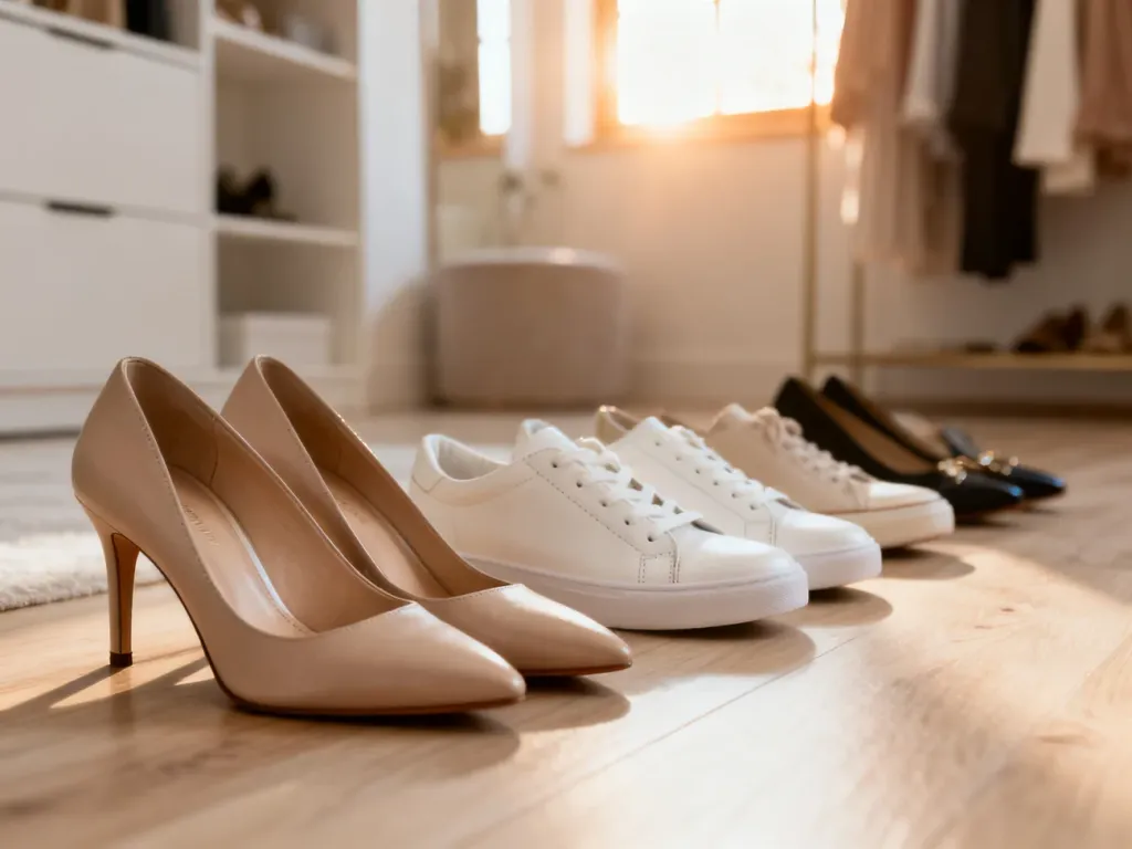 Eleganckie beżowe szpilki i białe sneakersy na drewnianej podłodze, idealnie pasujące do beżowej sukienki.