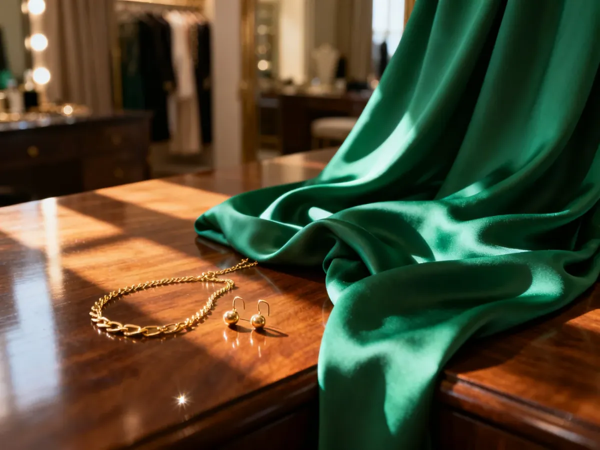 Szmaragdowa tkanina sukienki zestawiona ze złotą biżuterią na drewnianym stole, prezentująca eleganckie dodatki do stylizacji.