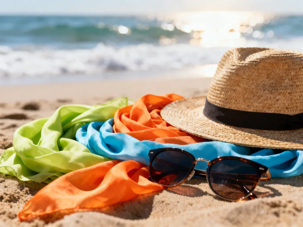 Modne letnie akcesoria, takie jak słomkowy kapelusz, kolorowe apaszki i okulary przeciwsłoneczne na piaszczystej plaży.