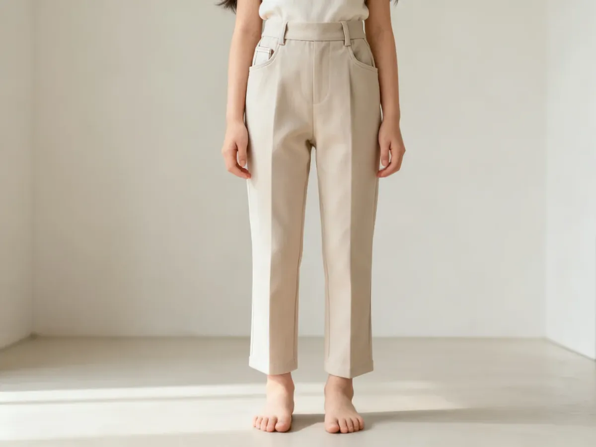 Petite woman wearing trousers with proportions tailored to a shorter silhouette