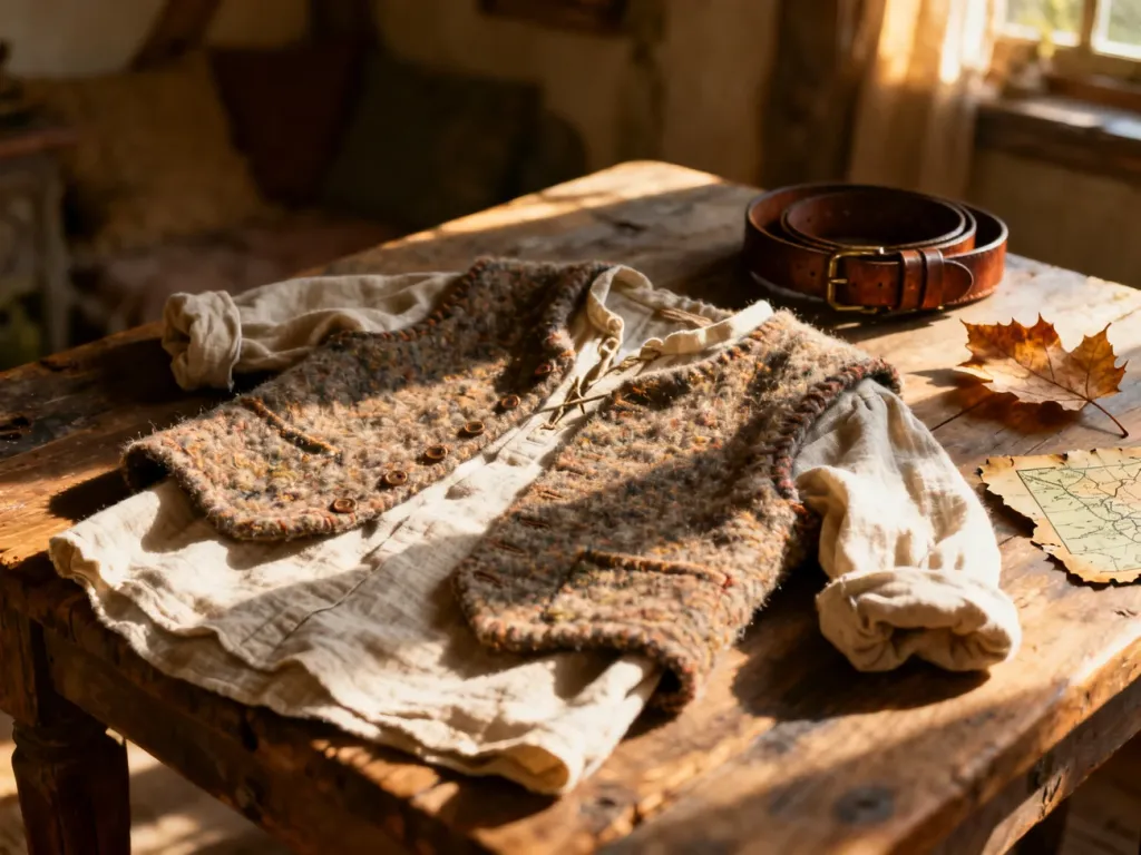 Ręcznie wykonana kamizelka hobbita, lniana koszula i akcesoria na drewnianym stole, przygotowane do stworzenia kostiumu.