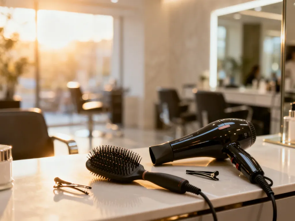 Profesjonalne akcesoria fryzjerskie na toaletce w słonecznym salonie, gotowe do stylizacji fryzury typu butterfly cut.