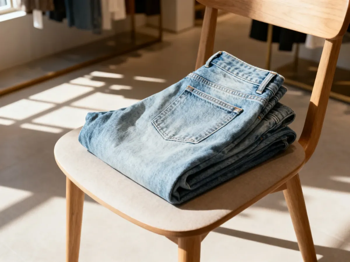 Jasnoniebieskie jeansy typu mom fit starannie złożone na drewnianym krześle w nowoczesnym butiku.