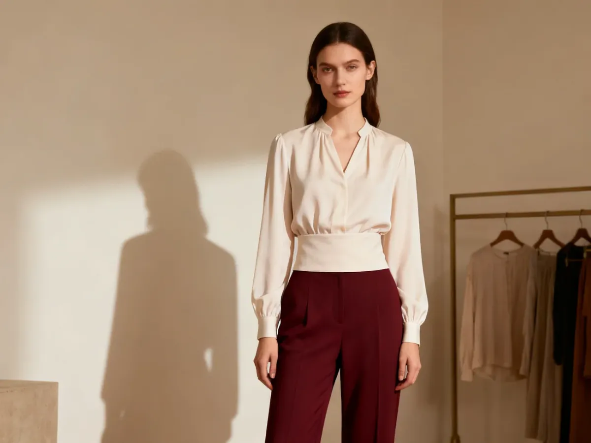 Stylizacja z bordowymi spodniami i elegancką bluzką