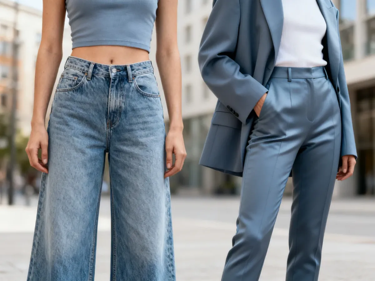 Dwie kontrastowe stylizacje ze spodniami wide leg i eleganckimi rurkami