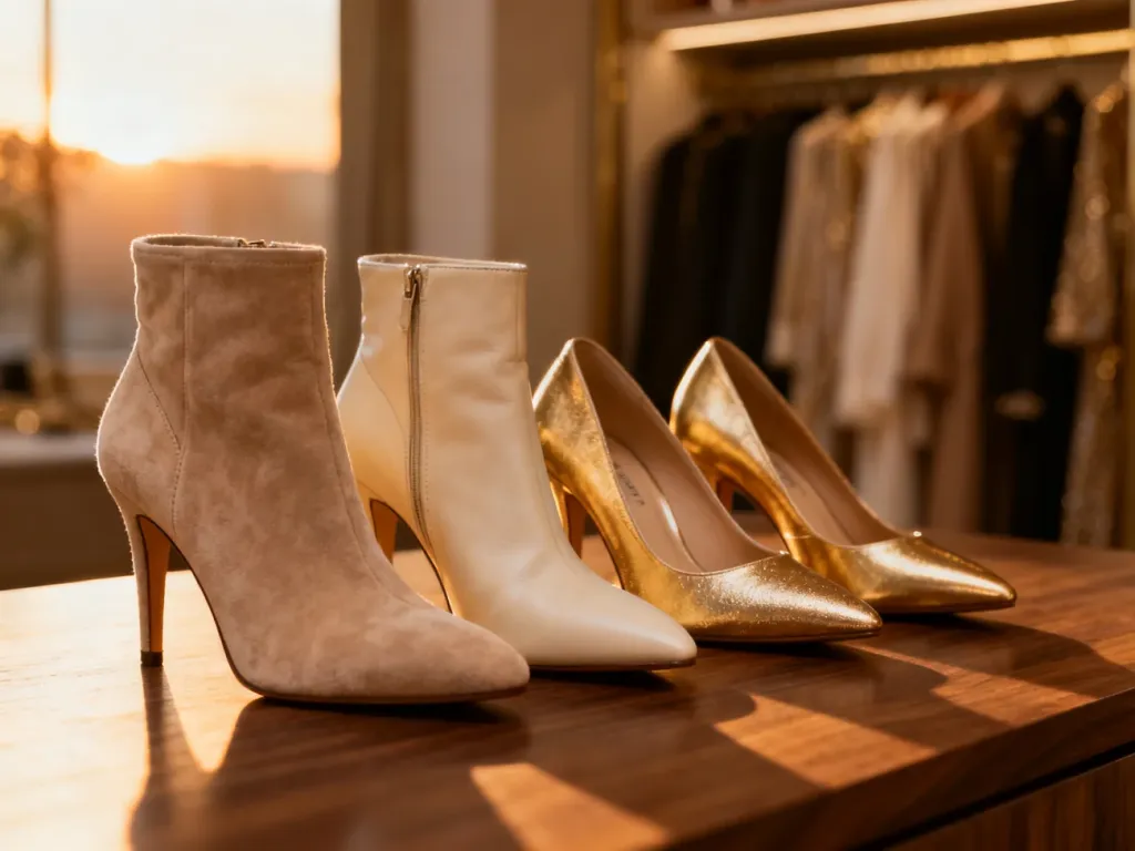 Eleganckie buty na obcasie w odcieniach beżu, kremu i złota, idealnie pasujące do stylizacji z czekoladową sukienką.