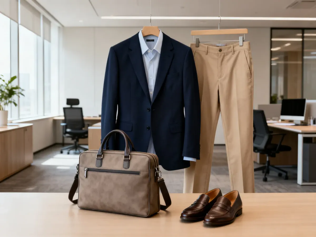 Elegancka stylizacja business casual z marynarką, spodniami i mokasynami w biurze